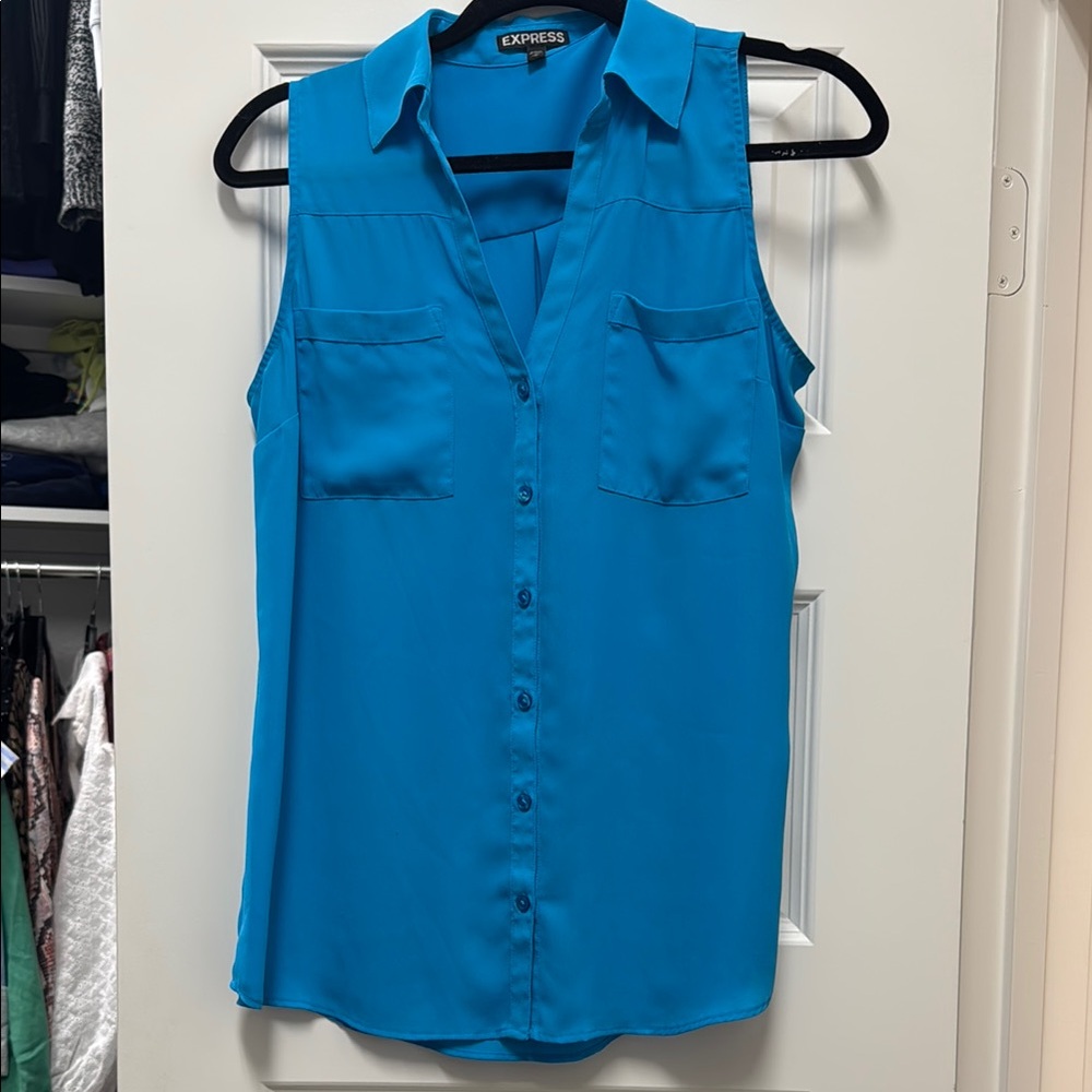 Express Blue Buttoned Notched Collar Blouse